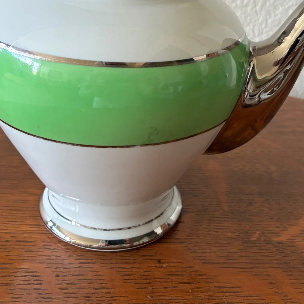 1940s McCormick & Co “Banquet Teas” Balto Teapot with Infuser Green White Silver